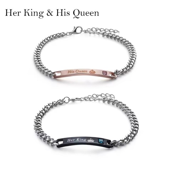 His Queen & Her King Titanium And  Stainless Steel Couples Bracelet Set - Picture 9 of 11